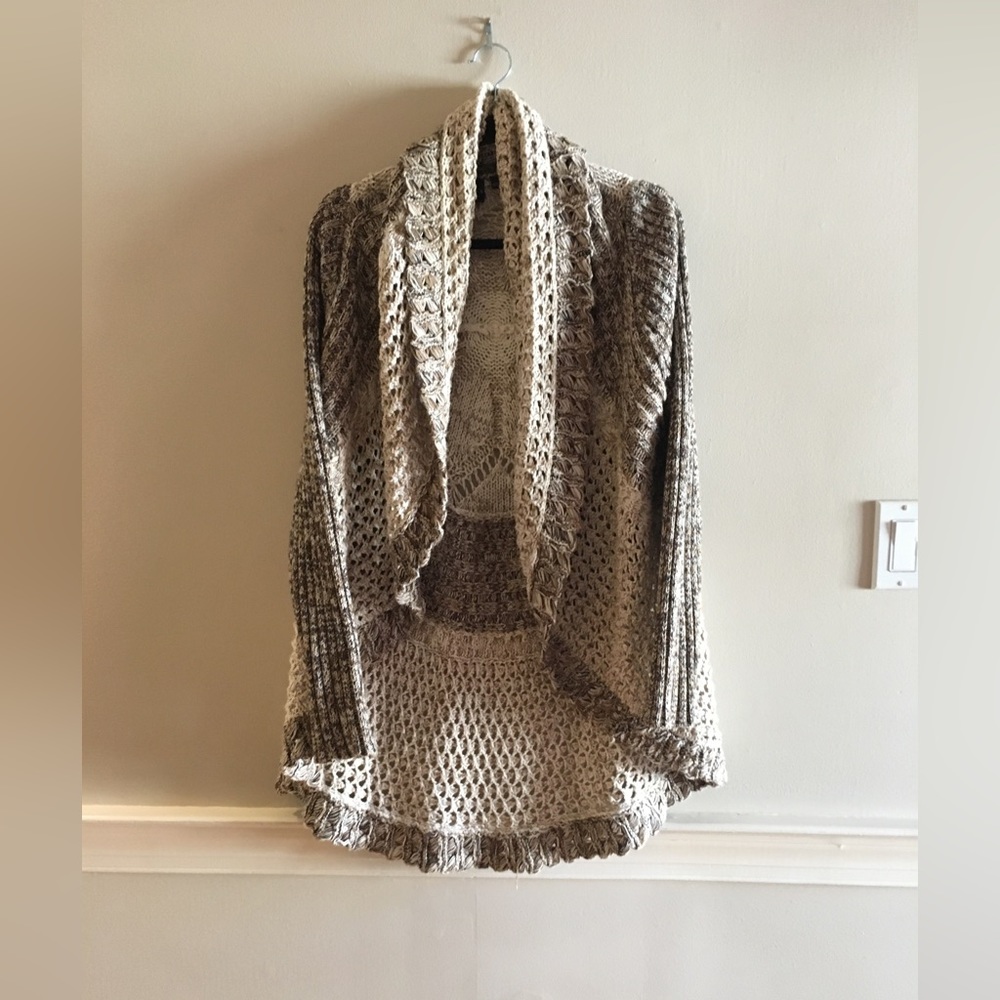 Fabulous cotton blend oversized crocheted Tribal brown/white sweater/jacket Sz L
